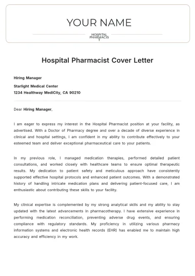 Free Hospital Pharmacist Cover Letter to Edit Online