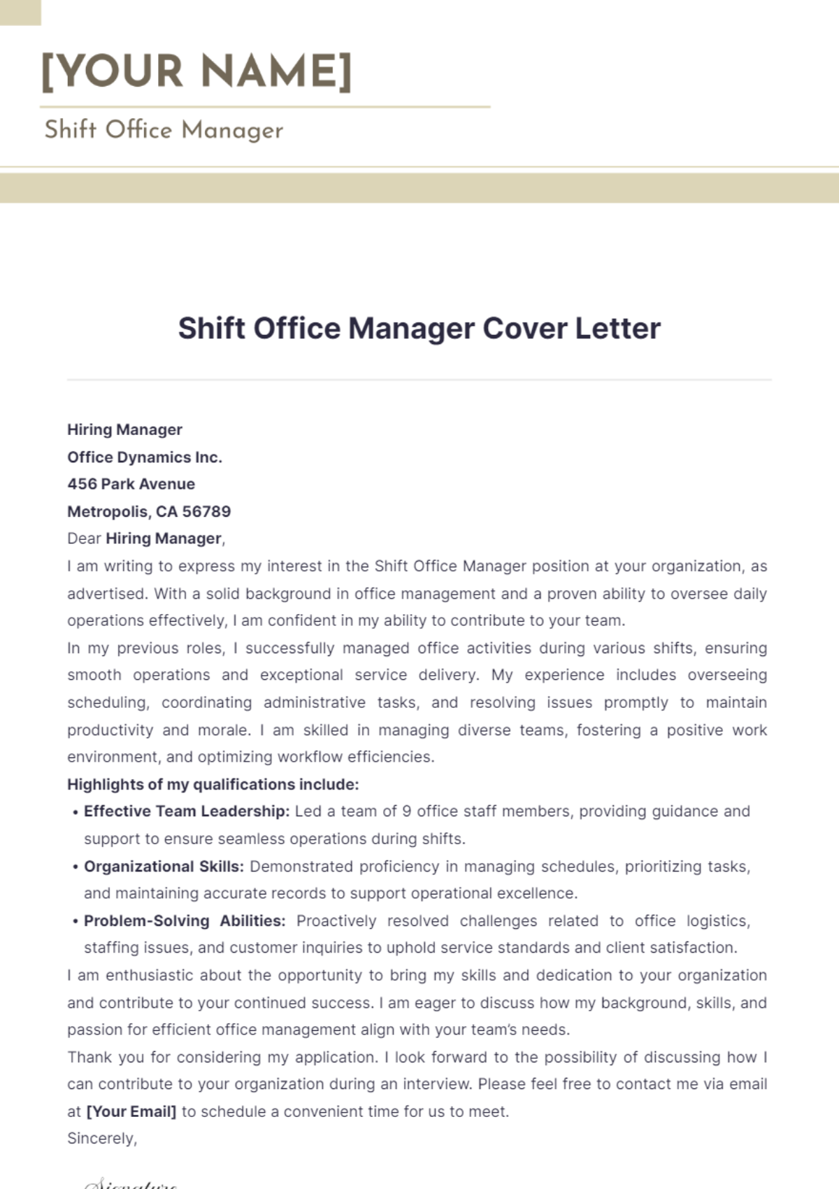 Shift Office Manager Cover Letter