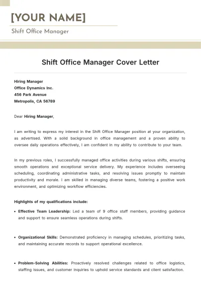 Free Shift Office Manager Cover Letter to Edit Online