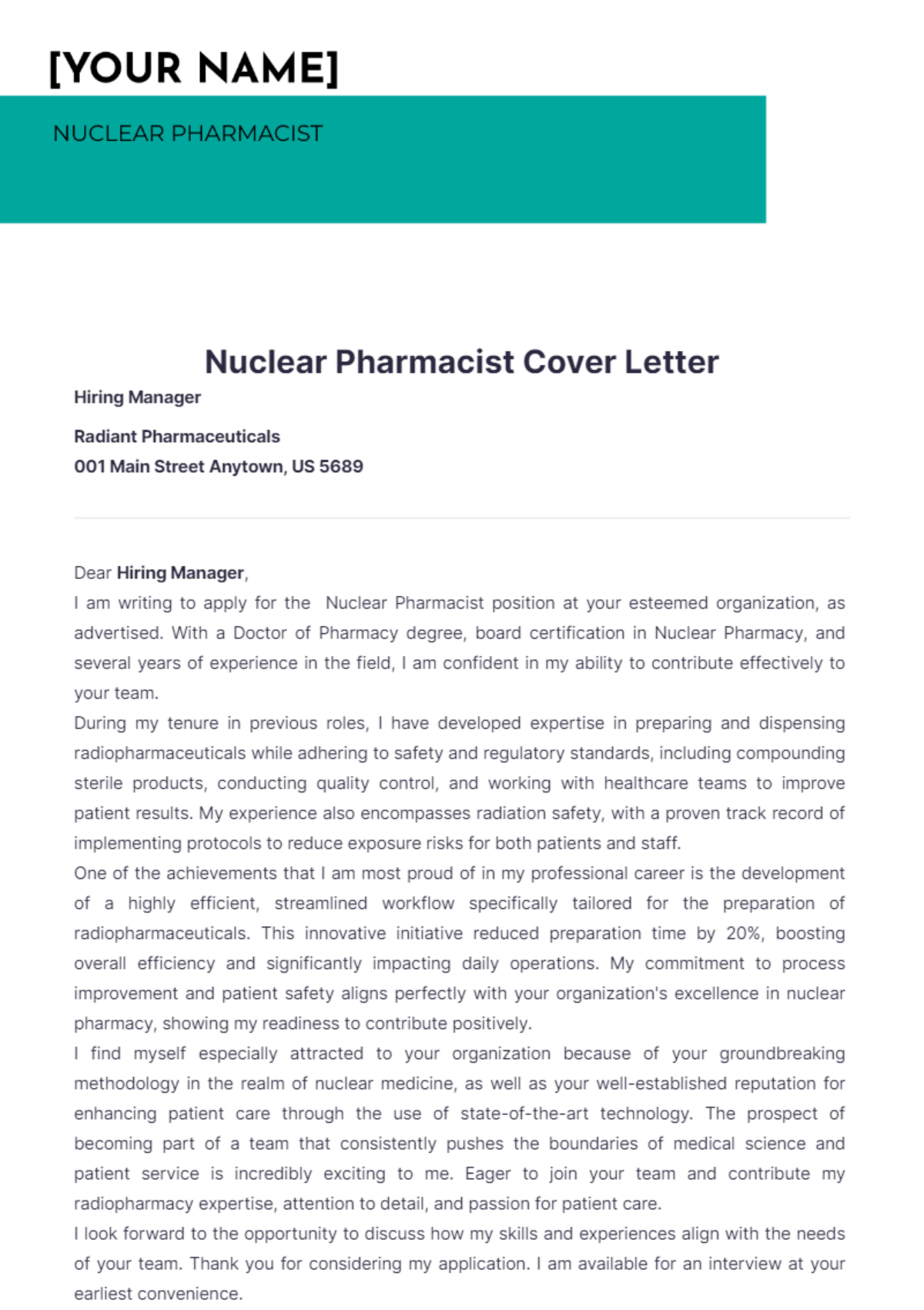 Nuclear Pharmacist Cover Letter