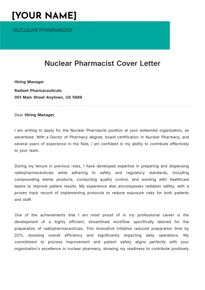 Free Nuclear Pharmacist Cover Letter to Edit Online