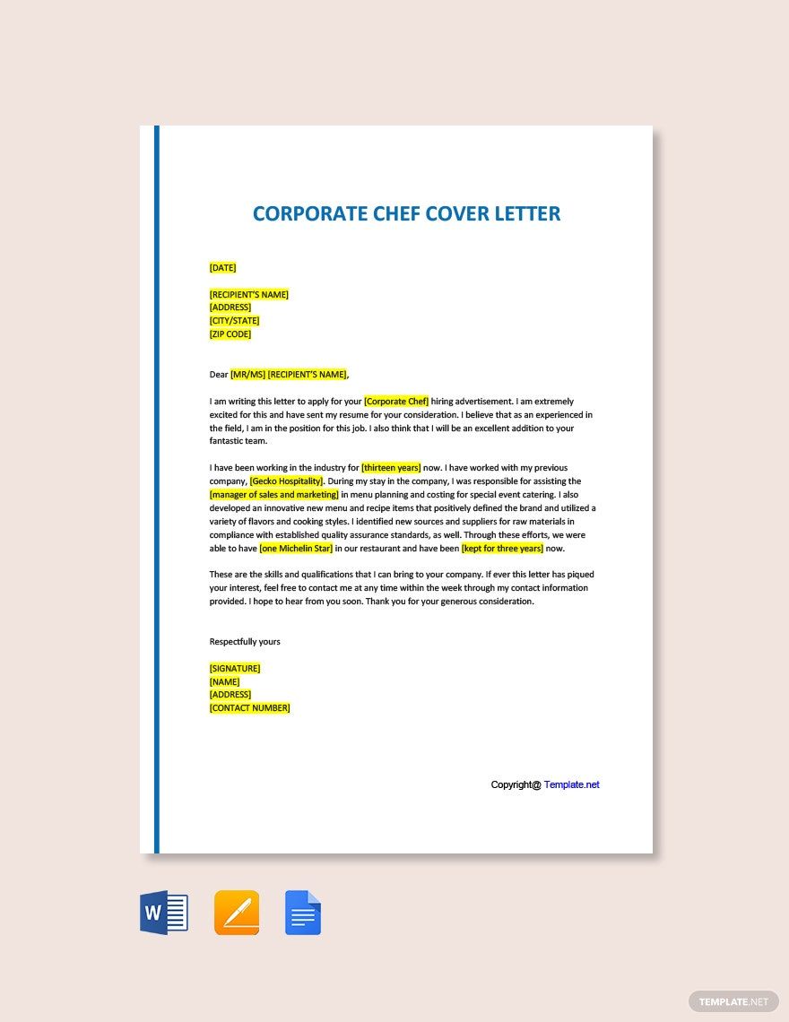 Corporate Chef Cover Letter Template in Word, Google Docs, Pages, PDF - Download | Template.net