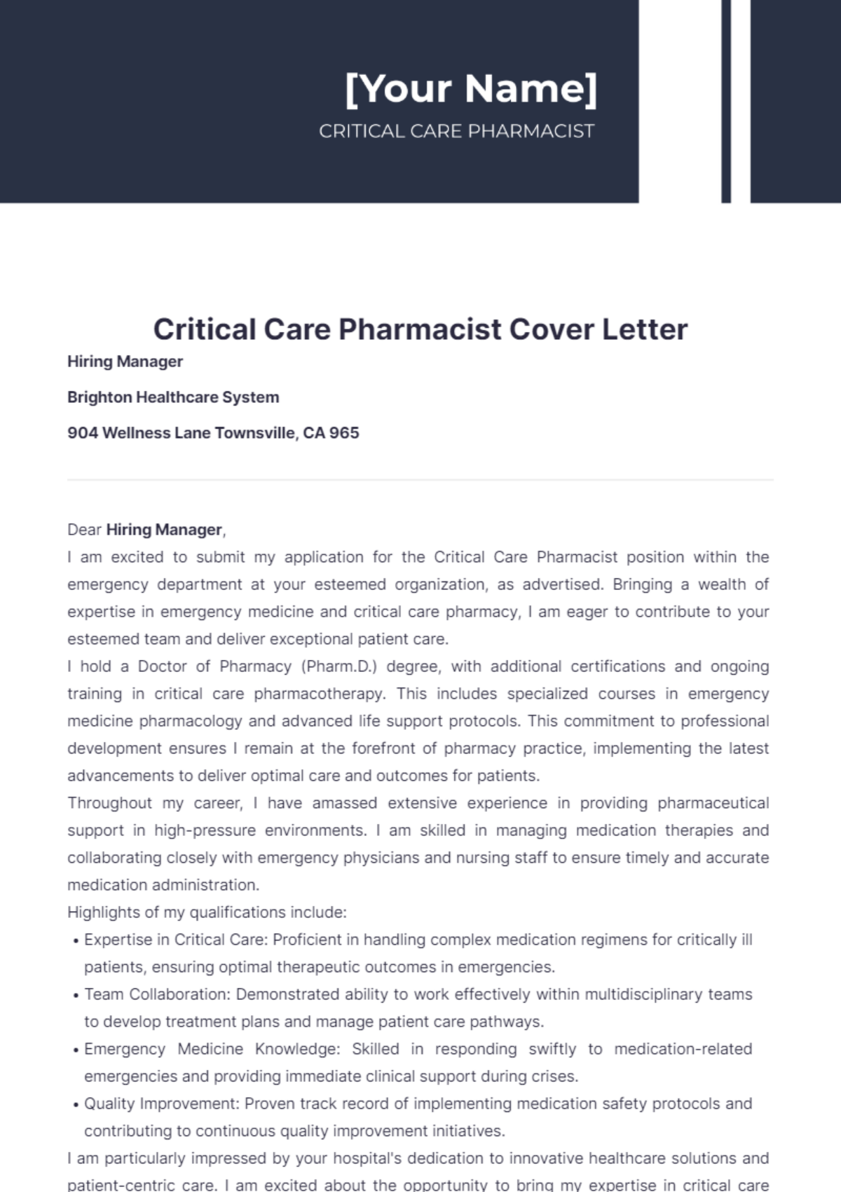 Critical Care Pharmacist Cover Letter - Edit Online & Download