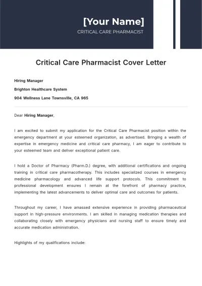 Free Critical Care Pharmacist Cover Letter to Edit Online