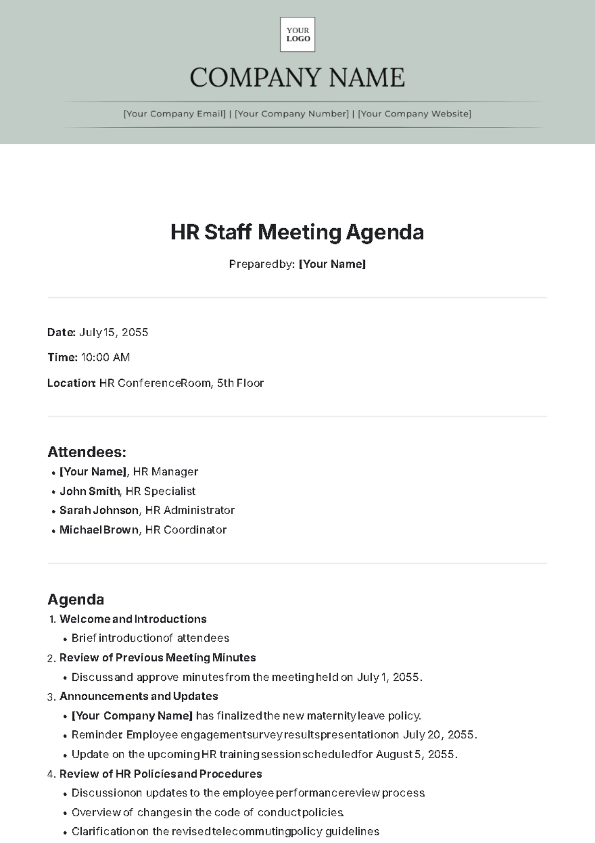 HR Staff Meeting Agenda Template - Edit Online & Download