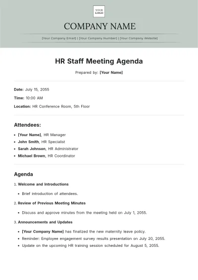 Free HR Staff Meeting Agenda Template to Edit Online