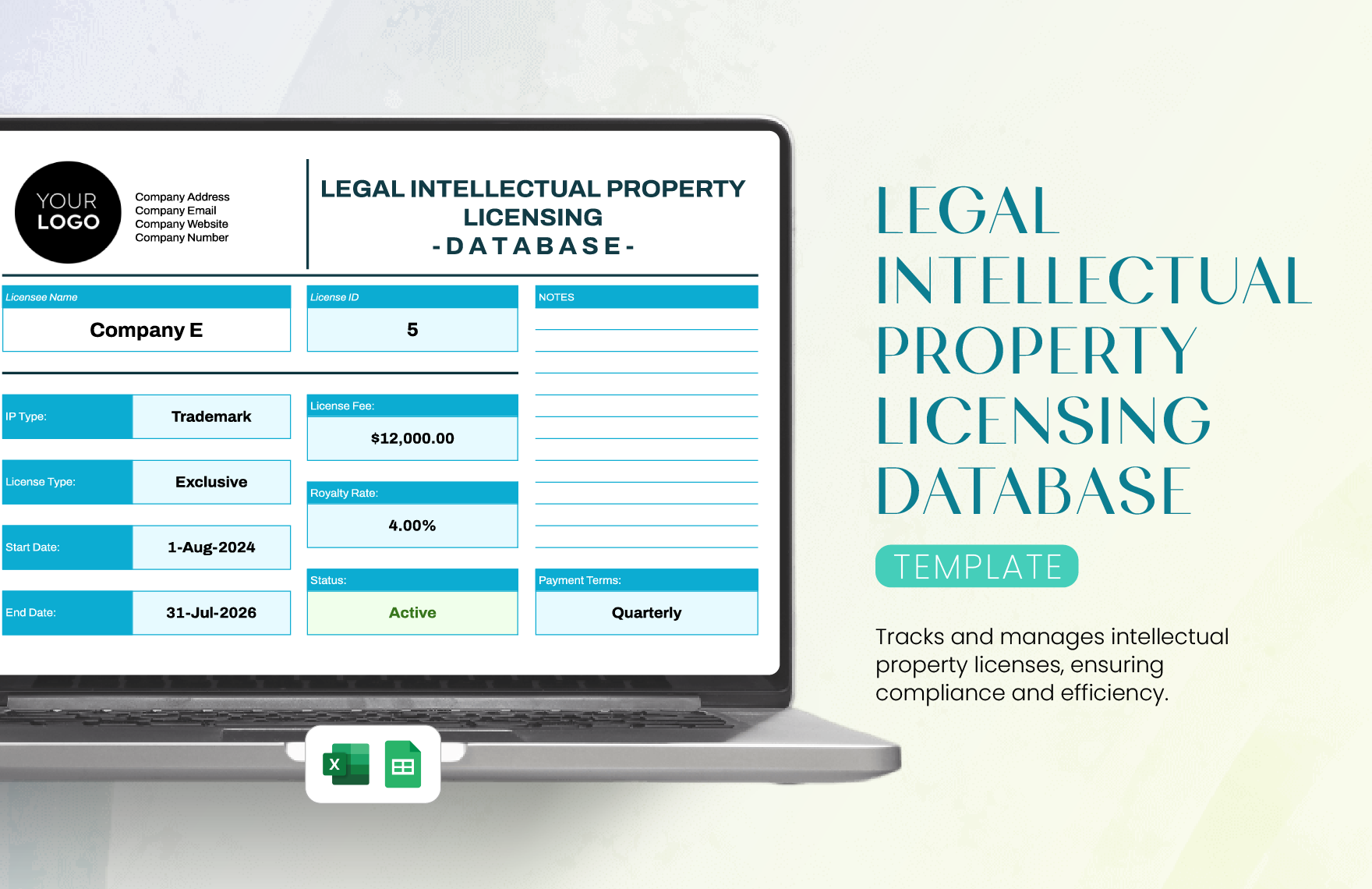 Legal Intellectual Property Licensing Database Template in Excel, Google Sheets