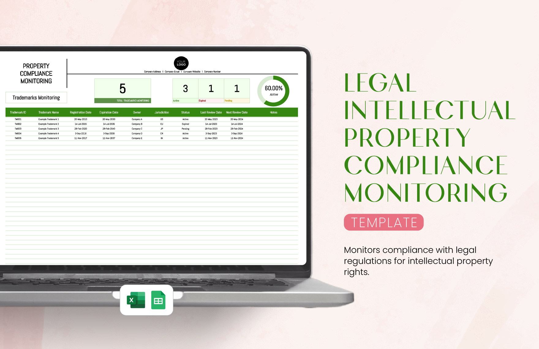 Legal Intellectual Property Compliance Monitoring Template in Excel, Google Sheets