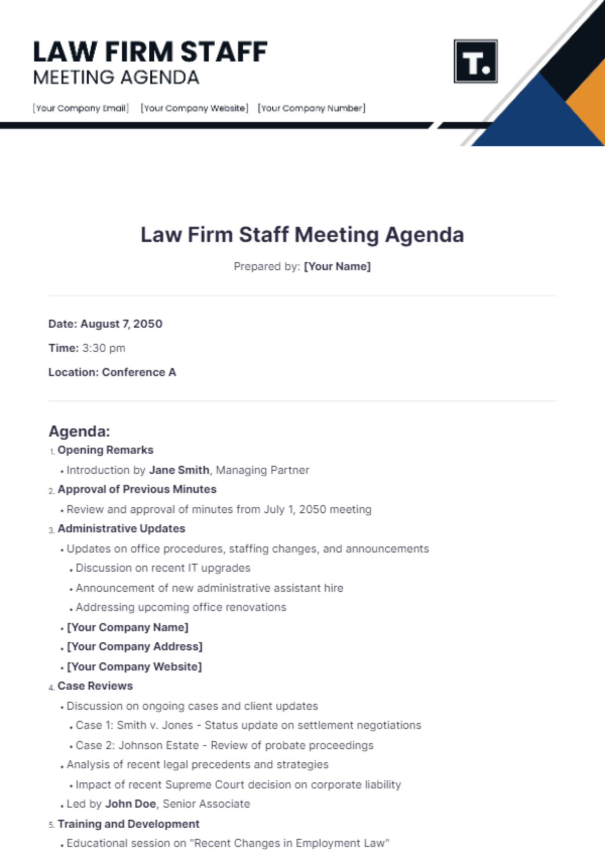 Law Firm Staff Meeting Agenda Template - Edit Online & Download