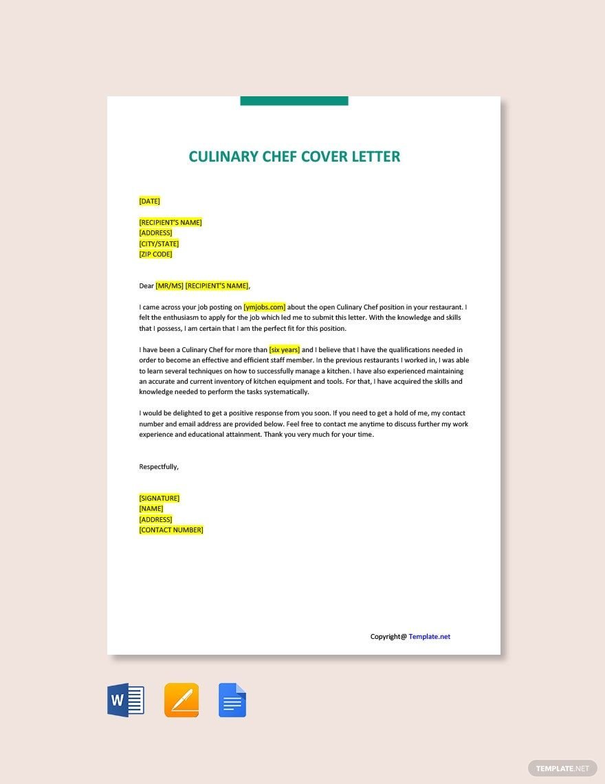 Culinary Chef Cover Letter Template