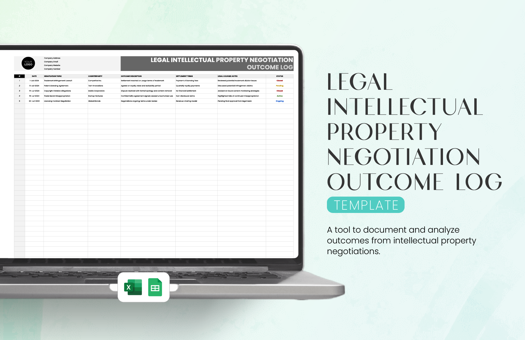 Legal Intellectual Property Negotiation Outcome Log Template in Excel, Google Sheets
