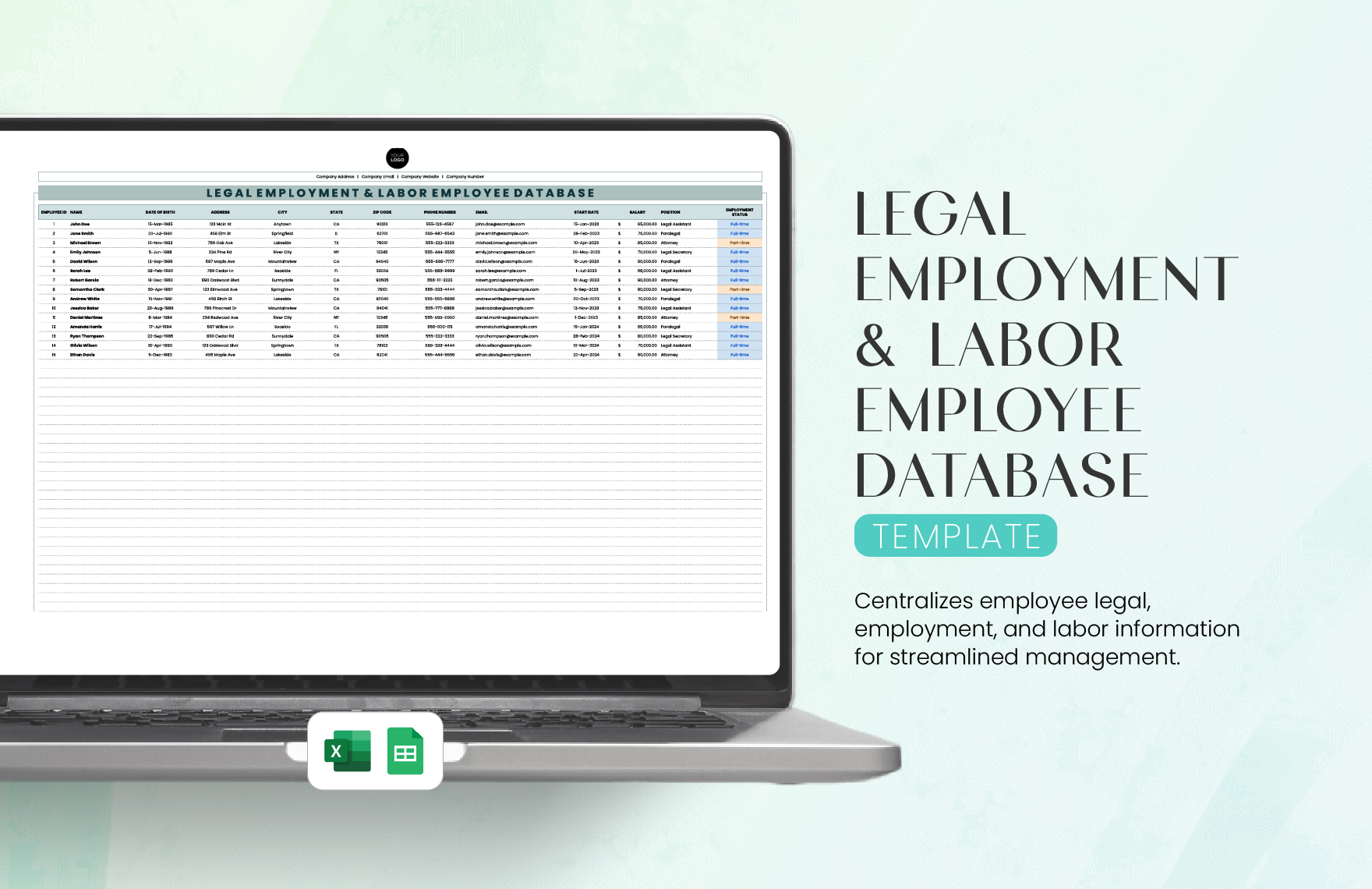 Legal Employment & Labor Employee Database Template in Excel, Google Sheets