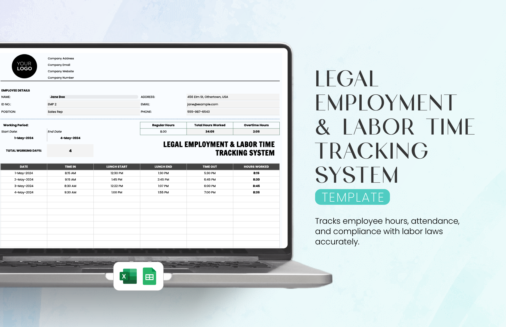 Legal Employment & Labor Time Tracking System Template in Excel, Google Sheets