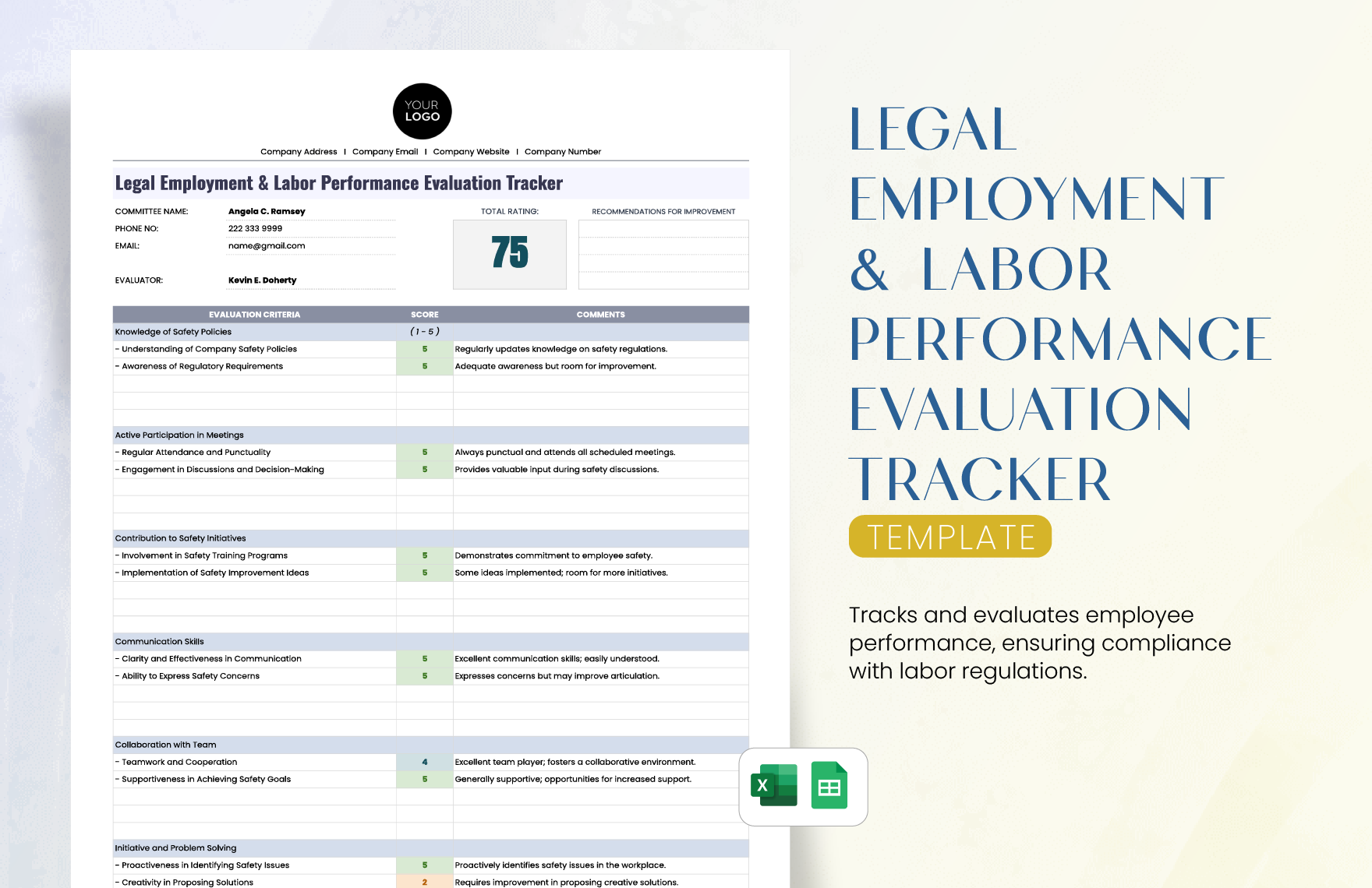 Legal Employment & Labor Performance Evaluation Tracker Template in Excel, Google Sheets