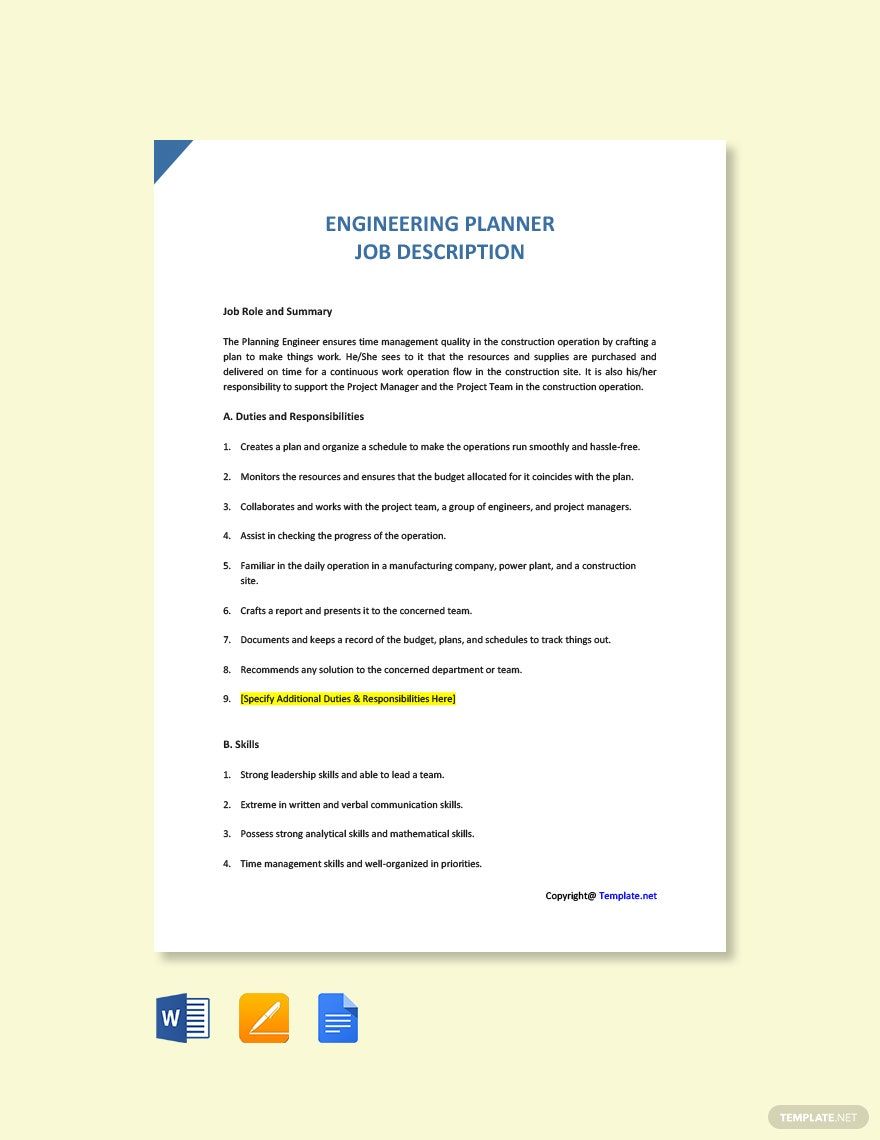 Engineering Planner Job Ad and Description Template