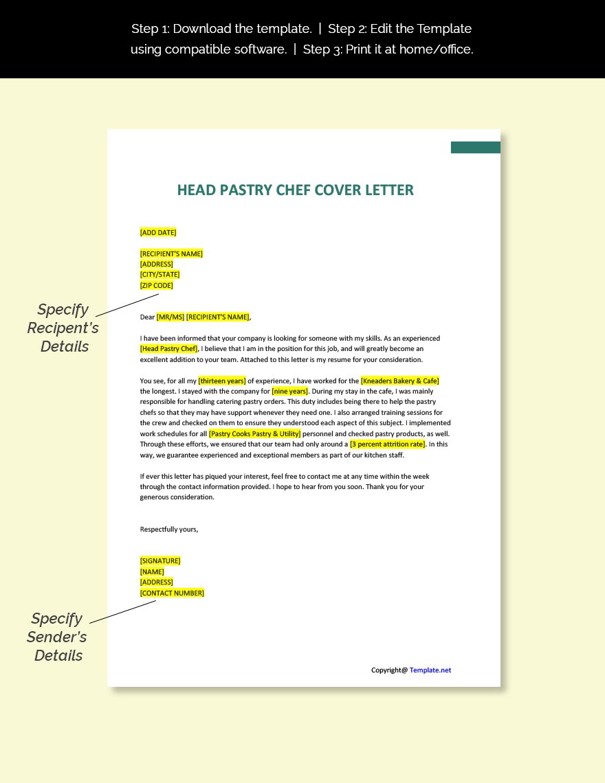 Head Pastry Chef Cover Letter Template