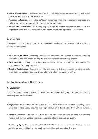 Free Professional Car Wash Sanitation Standard Operating Procedure Template to Edit Online