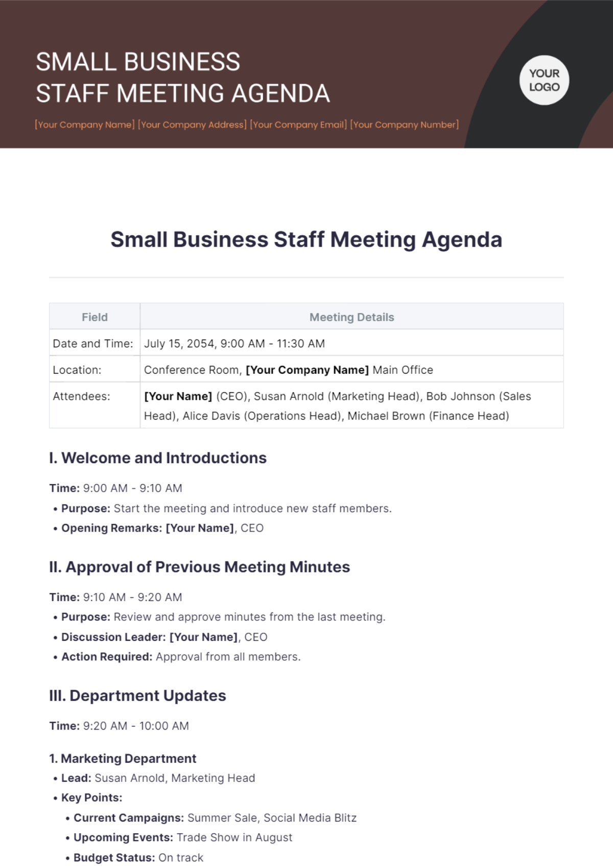 Small Business Staff Meeting Agenda Template - Edit Online & Download