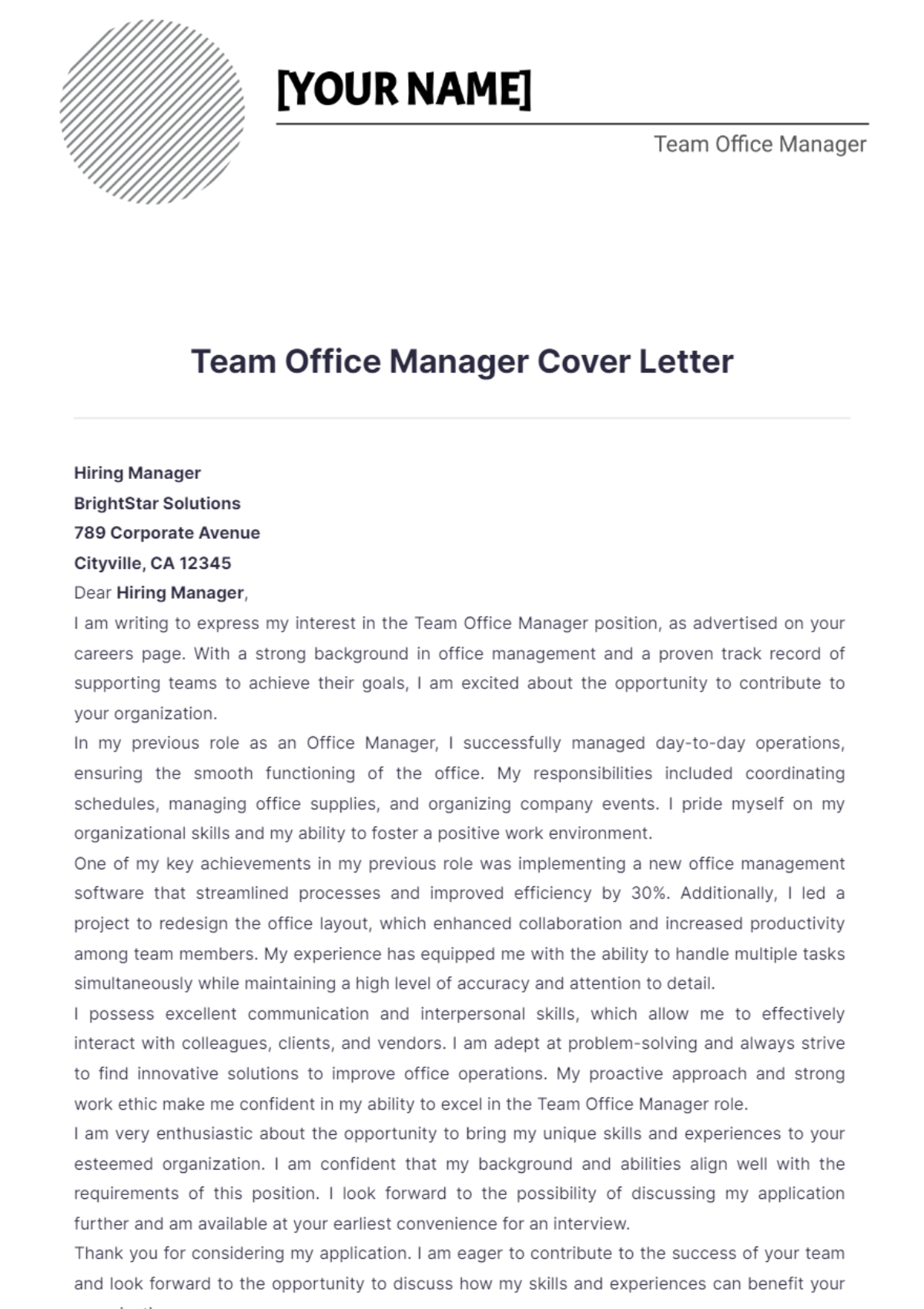 Team Office Manager Cover Letter - Edit Online & Download