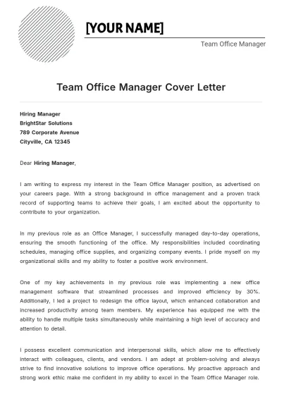 Free Team Office Manager Cover Letter to Edit Online