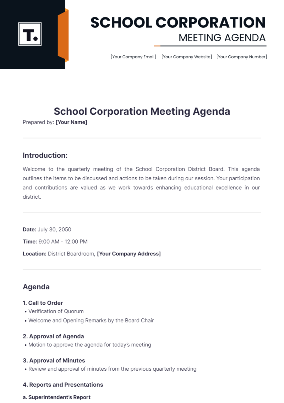 School Corporation Meeting Agenda Template - Edit Online & Download