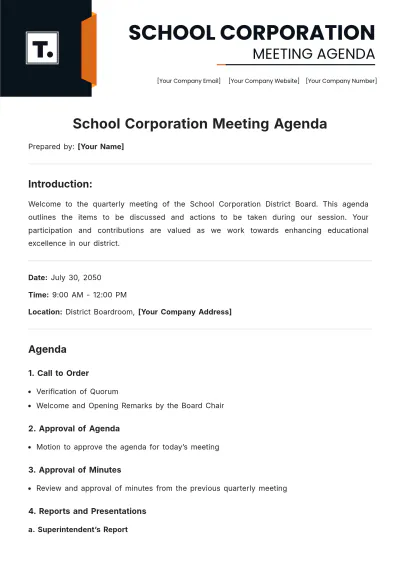 Free School Corporation Meeting Agenda Template to Edit Online