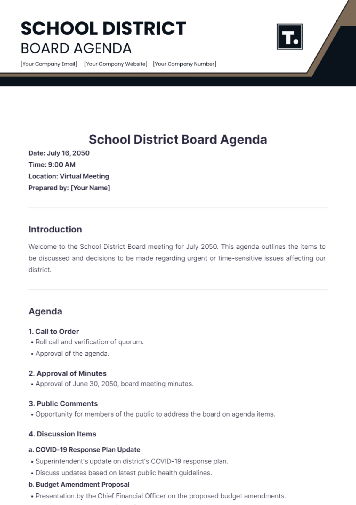 School District Board Agenda Template - Edit Online & Download