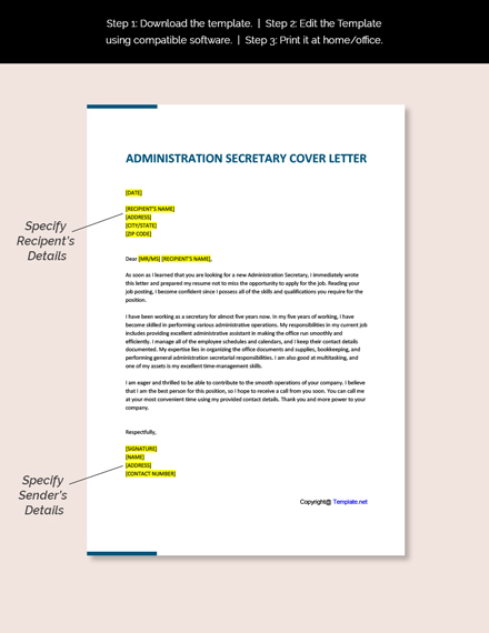 Administration Secretary Cover Letter Template - Google Docs, Word ...