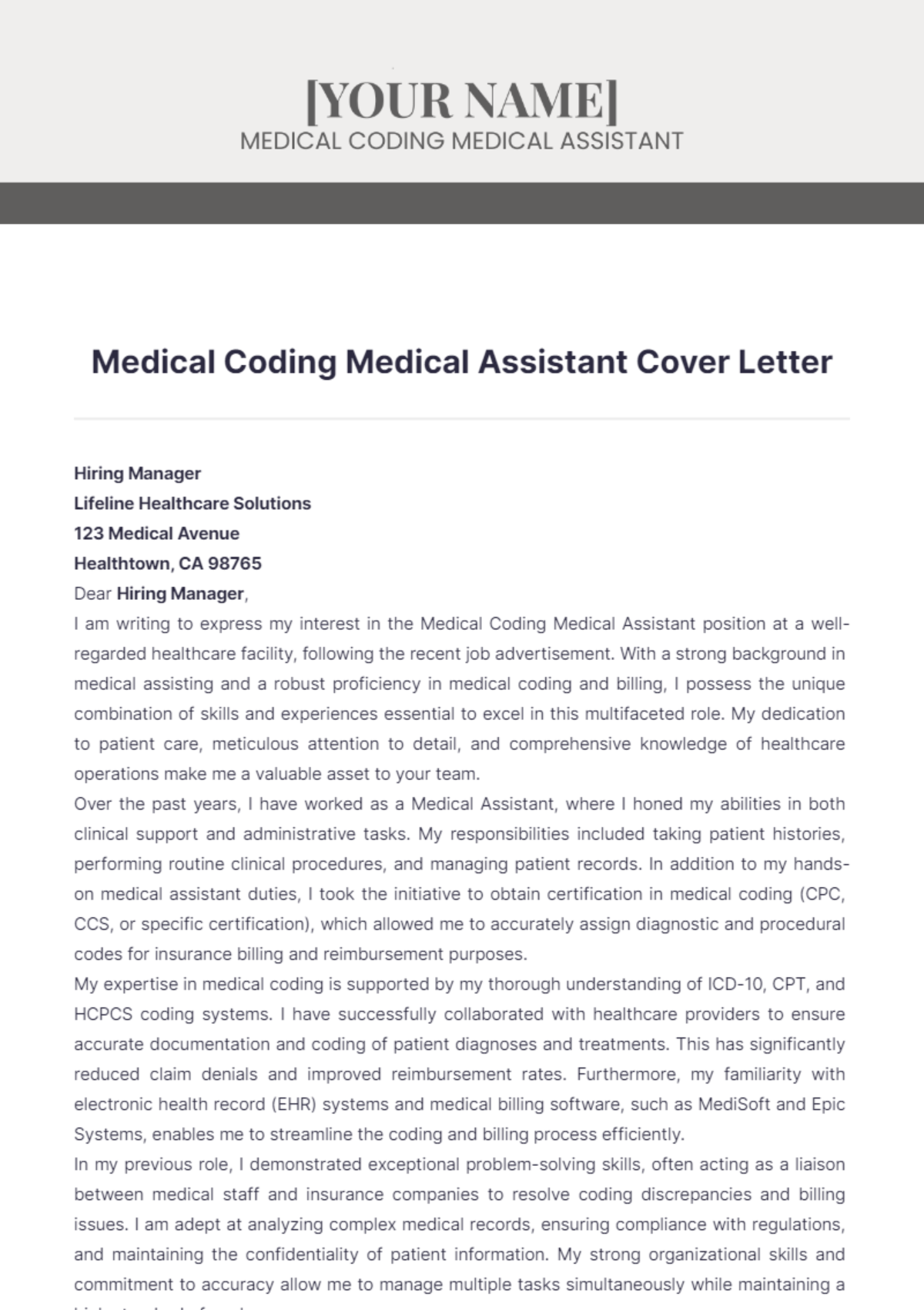 Medical Coding Medical Assistant Cover Letter