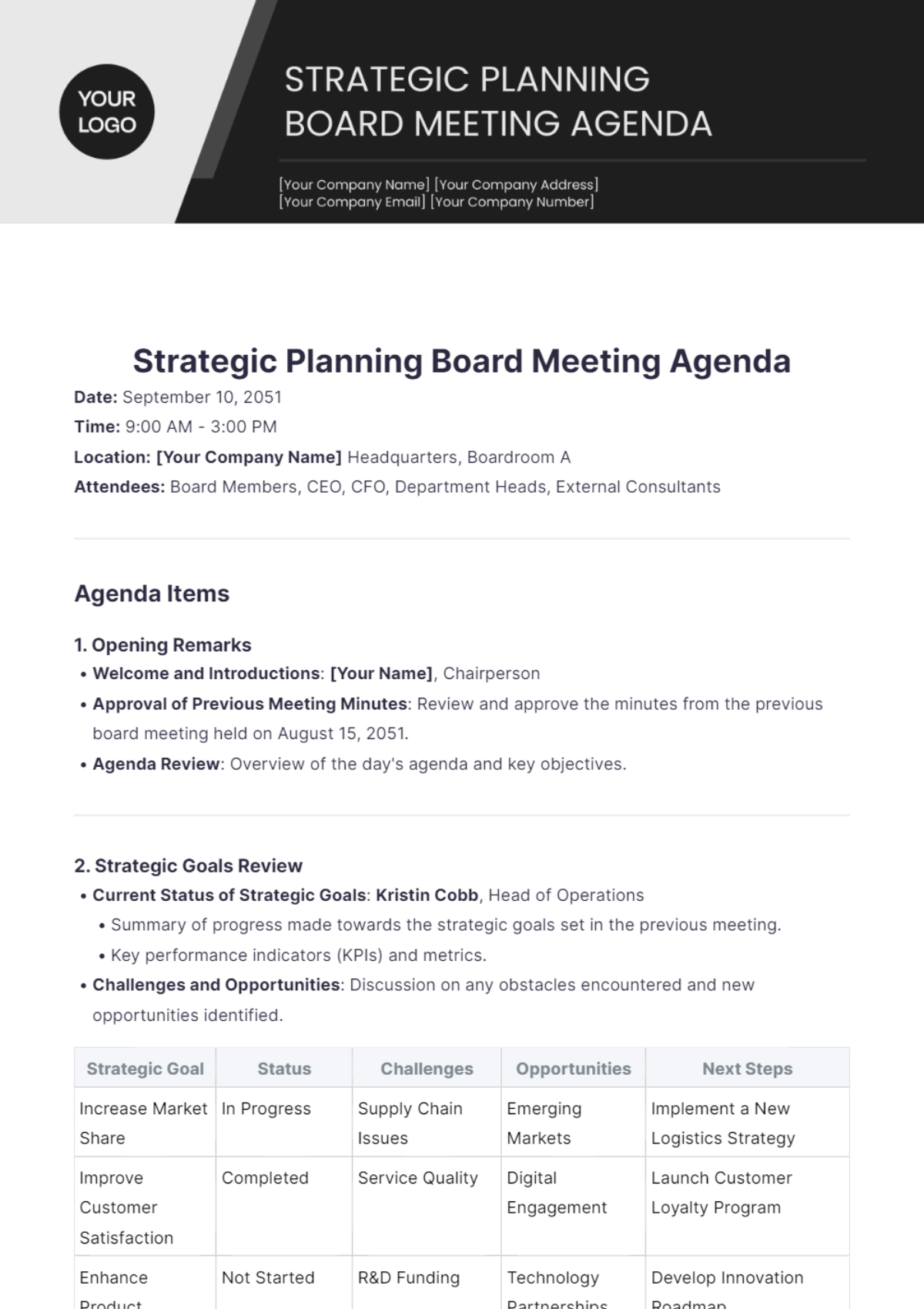 Free Strategic Planning Board Meeting Agenda Template - Edit Online ...