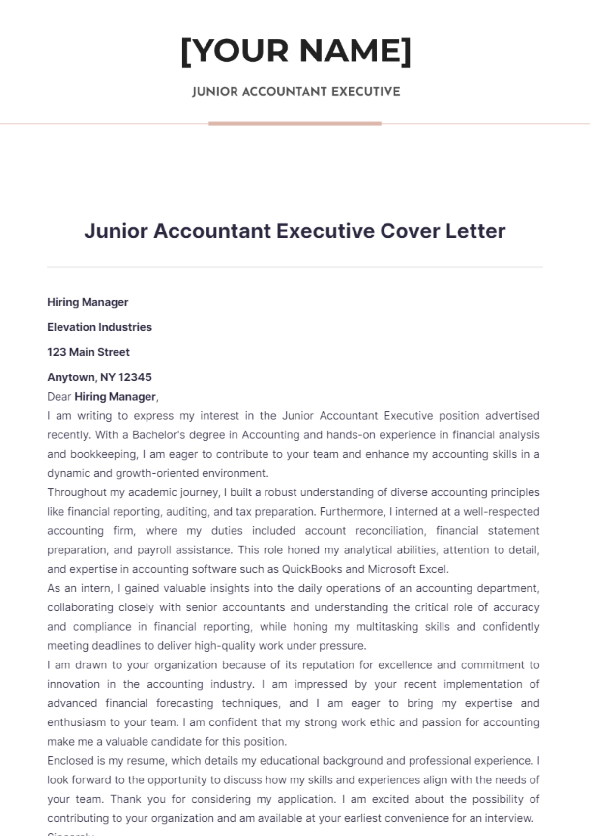 Junior Accountant Executive Cover Letter - Edit Online & Download