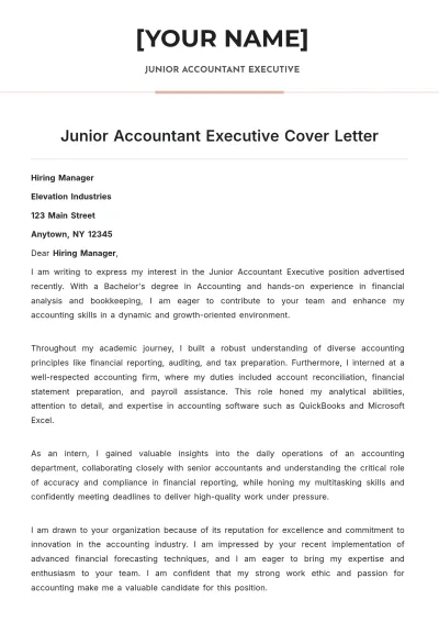 Free Junior Accountant Executive Cover Letter to Edit Online