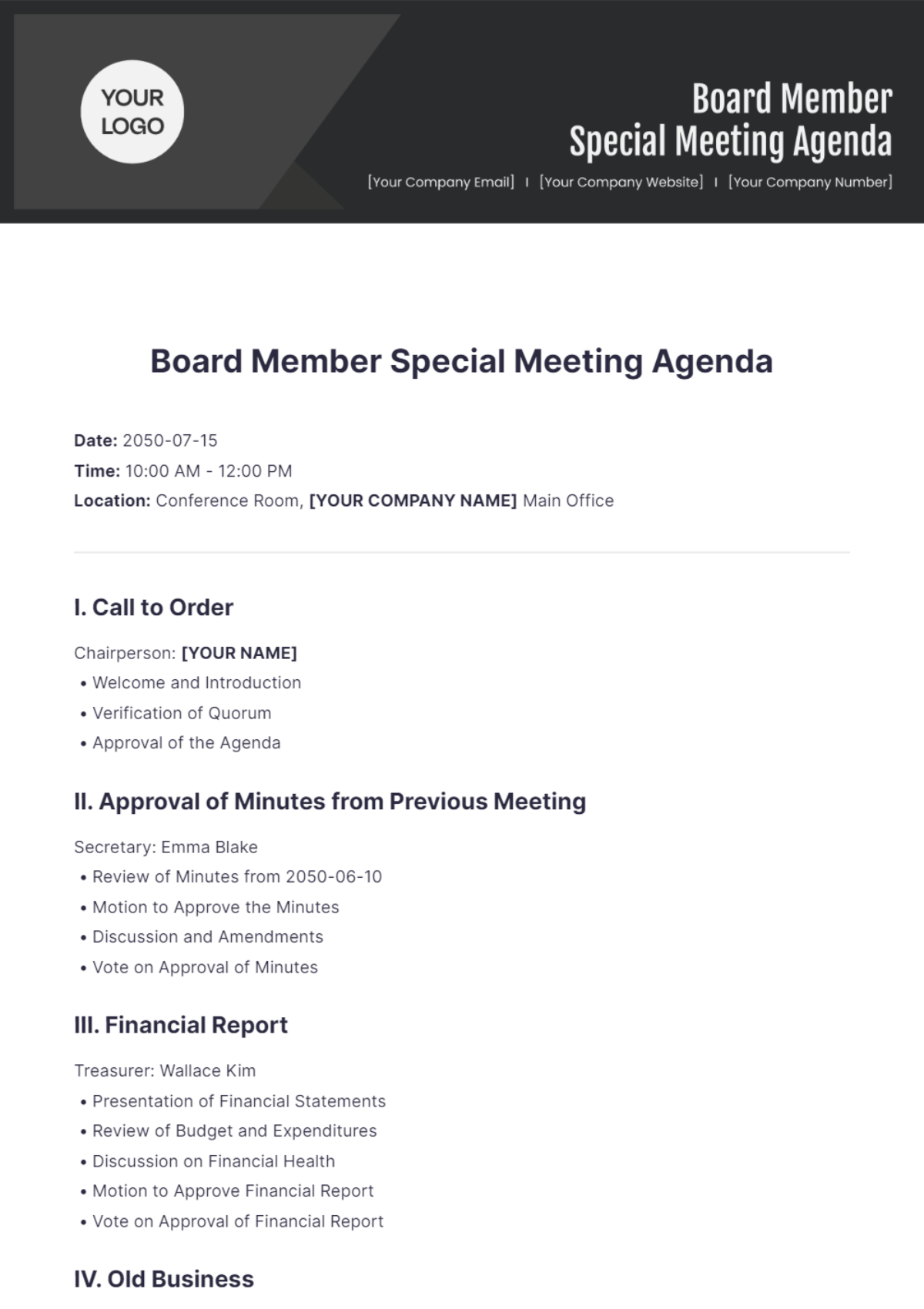 Free Board Member Special Meeting Agenda Template to Edit Online