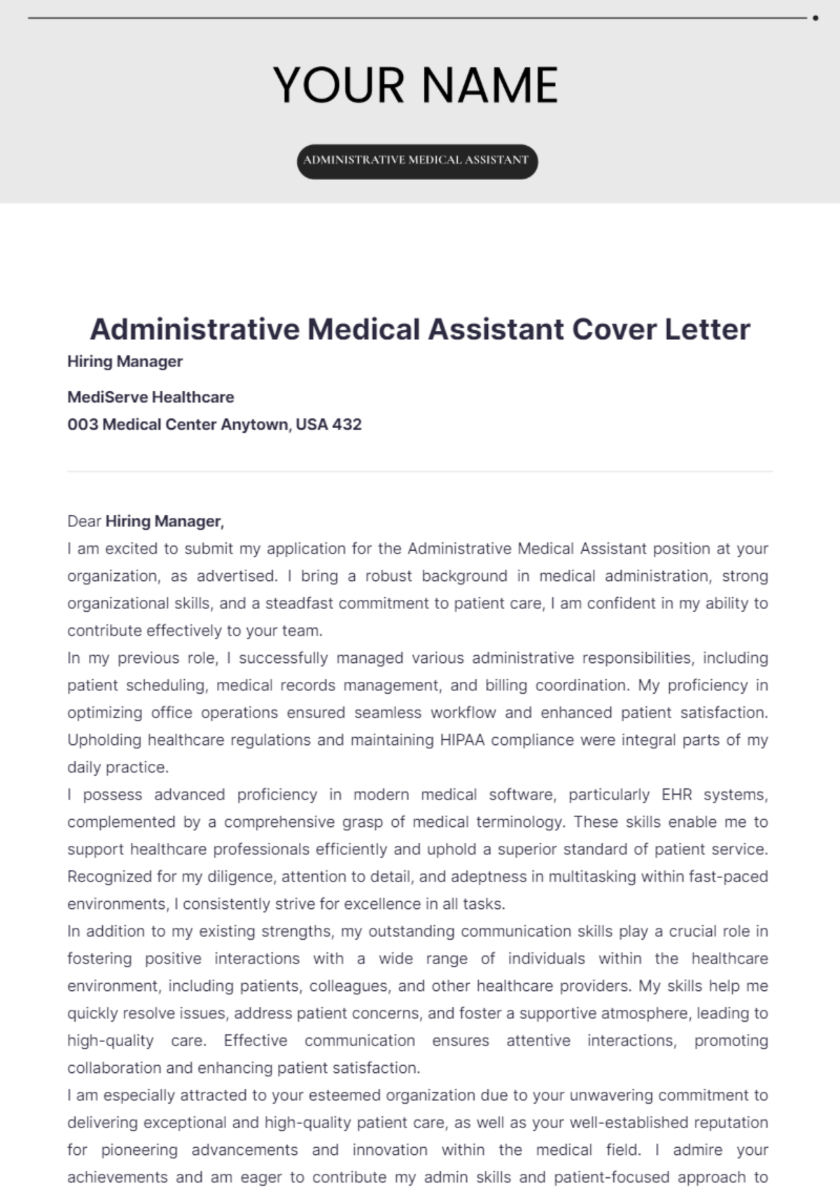 Administrative Medical Assistant Cover Letter - Edit Online & Download