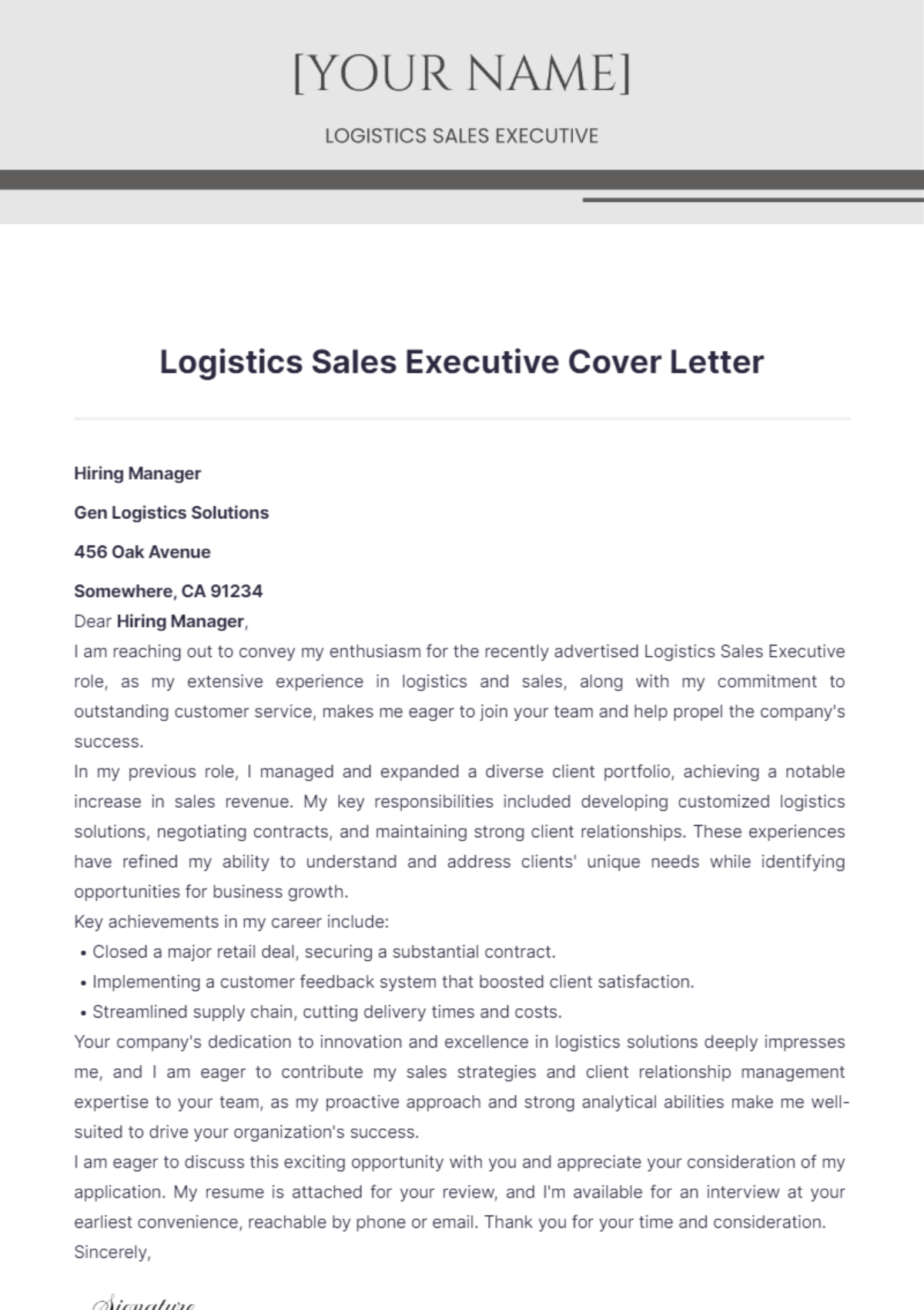 Logistics Sales Executive Cover Letter - Edit Online & Download