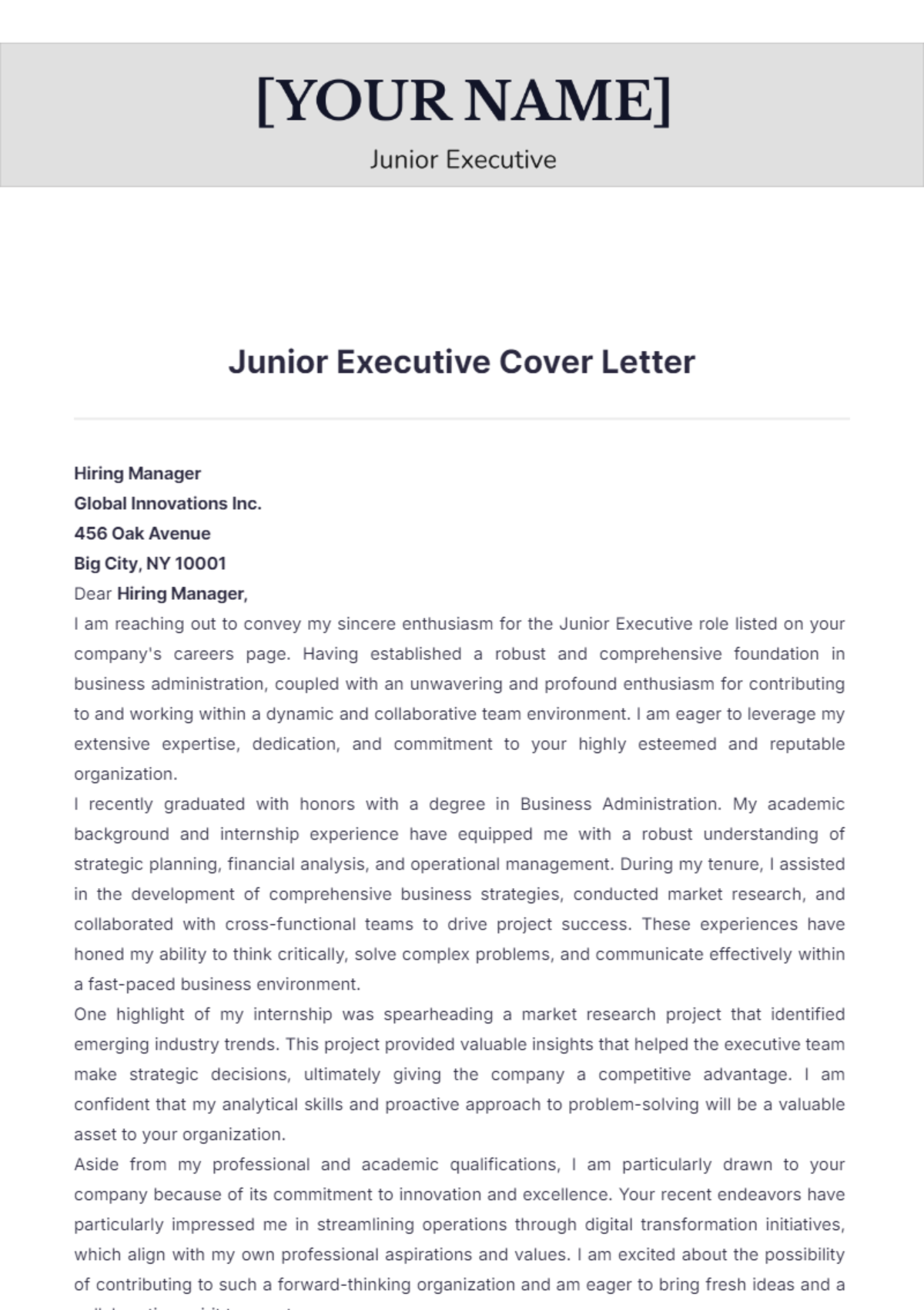 Junior Executive Cover Letter - Edit Online & Download