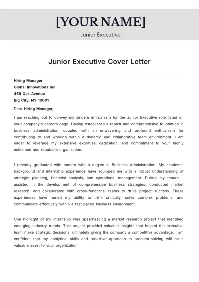 Free Junior Executive Cover Letter to Edit Online
