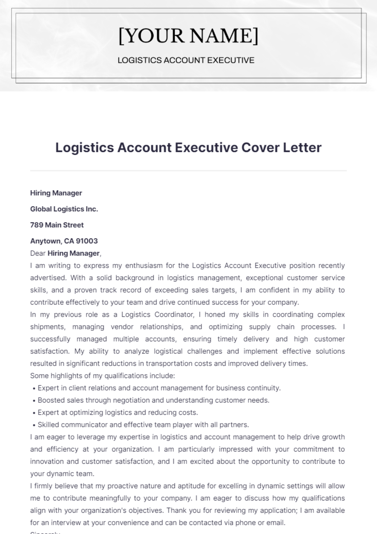 Logistics Account Executive Cover Letter - Edit Online & Download