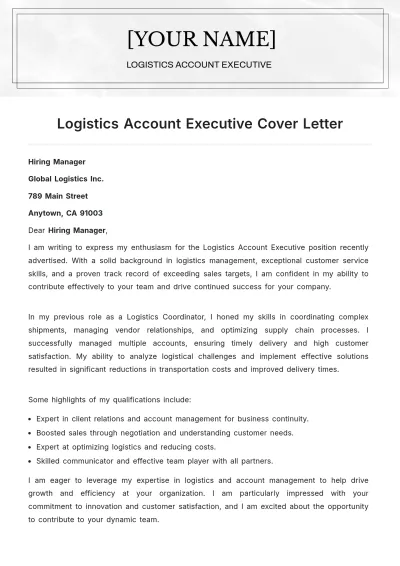 Free Logistics Account Executive Cover Letter to Edit Online