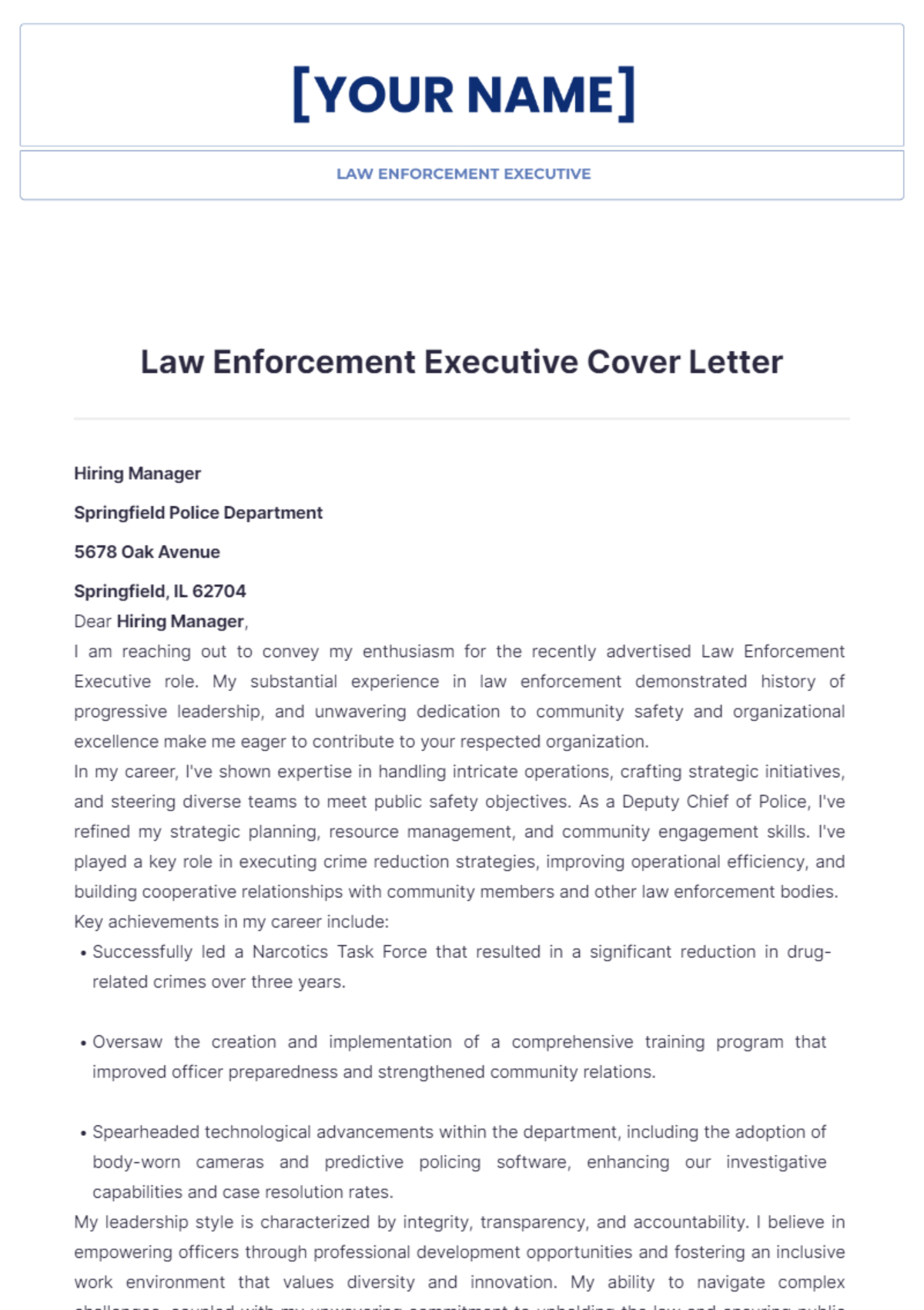 Law Enforcement Executive Cover Letter - Edit Online & Download