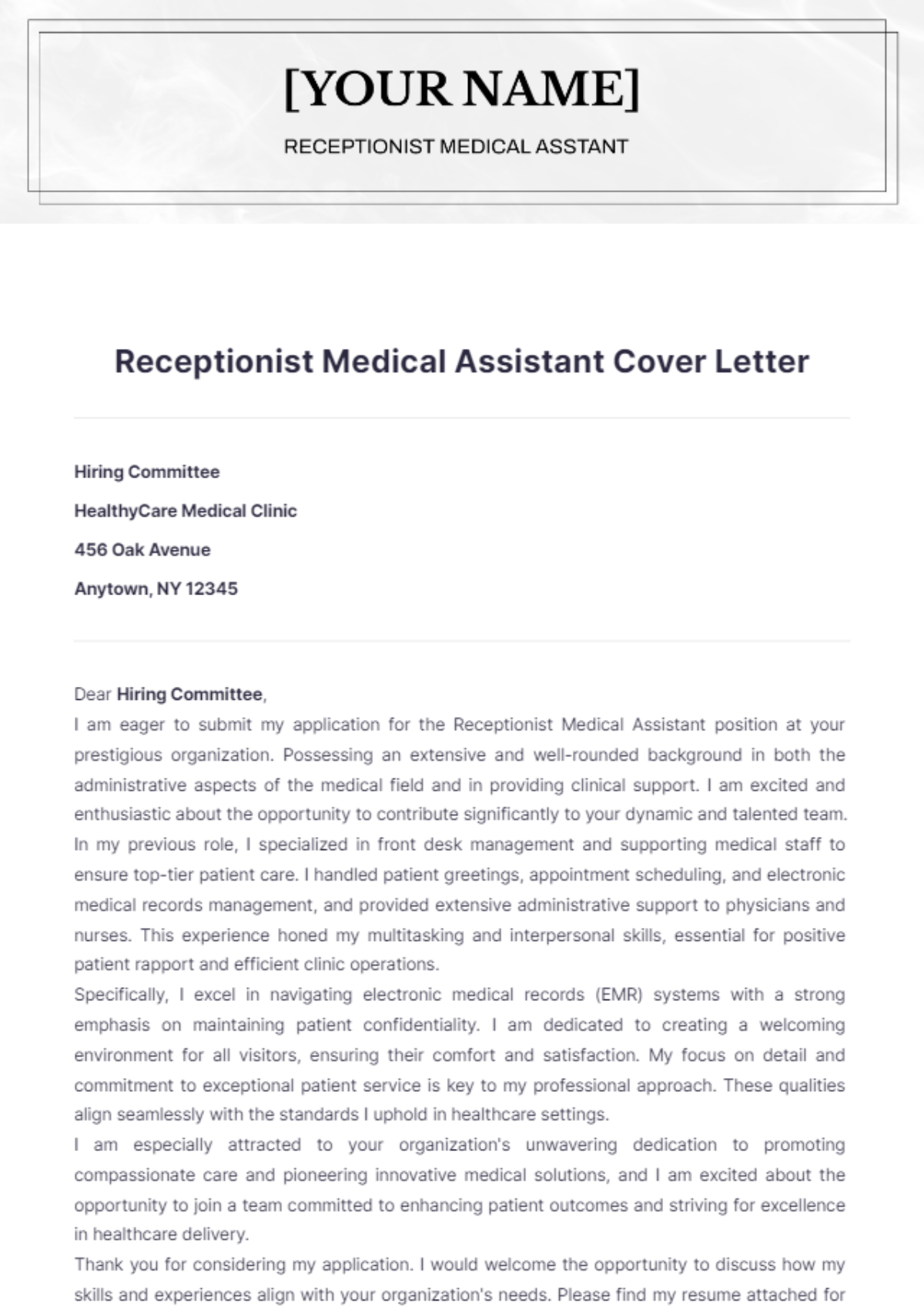 Receptionist Medical Assistant Cover Letter - Edit Online & Download