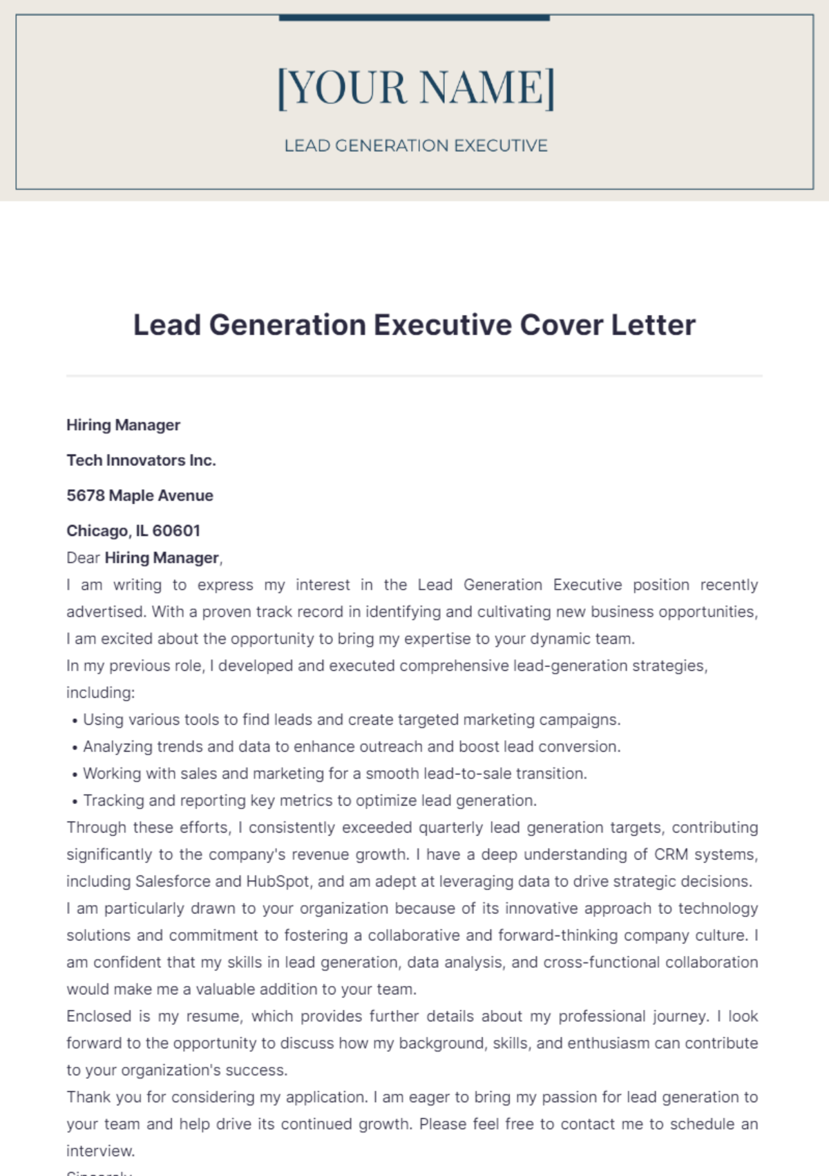 Lead Generation Executive Cover Letter - Edit Online & Download