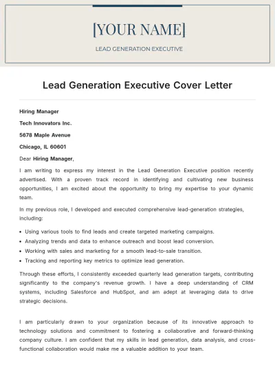 Free Lead Generation Executive Cover Letter to Edit Online