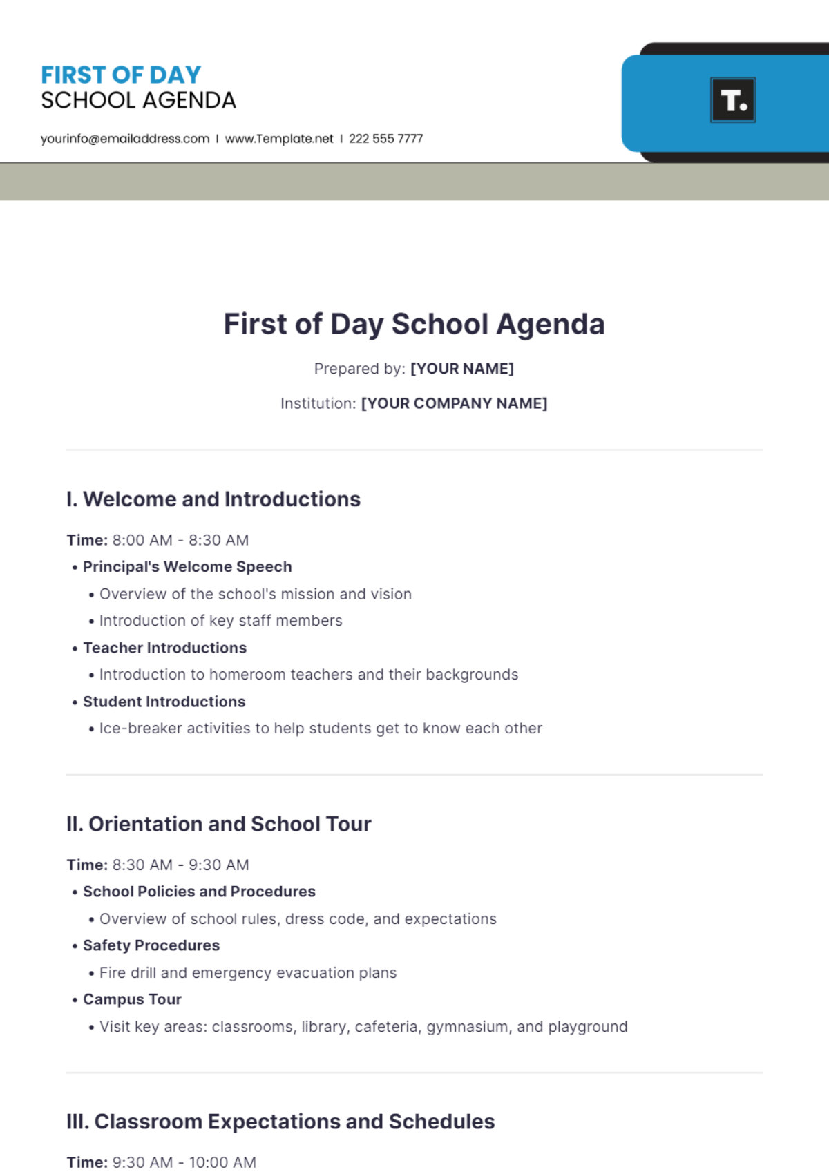 First of Day School Agenda Template - Edit Online & Download