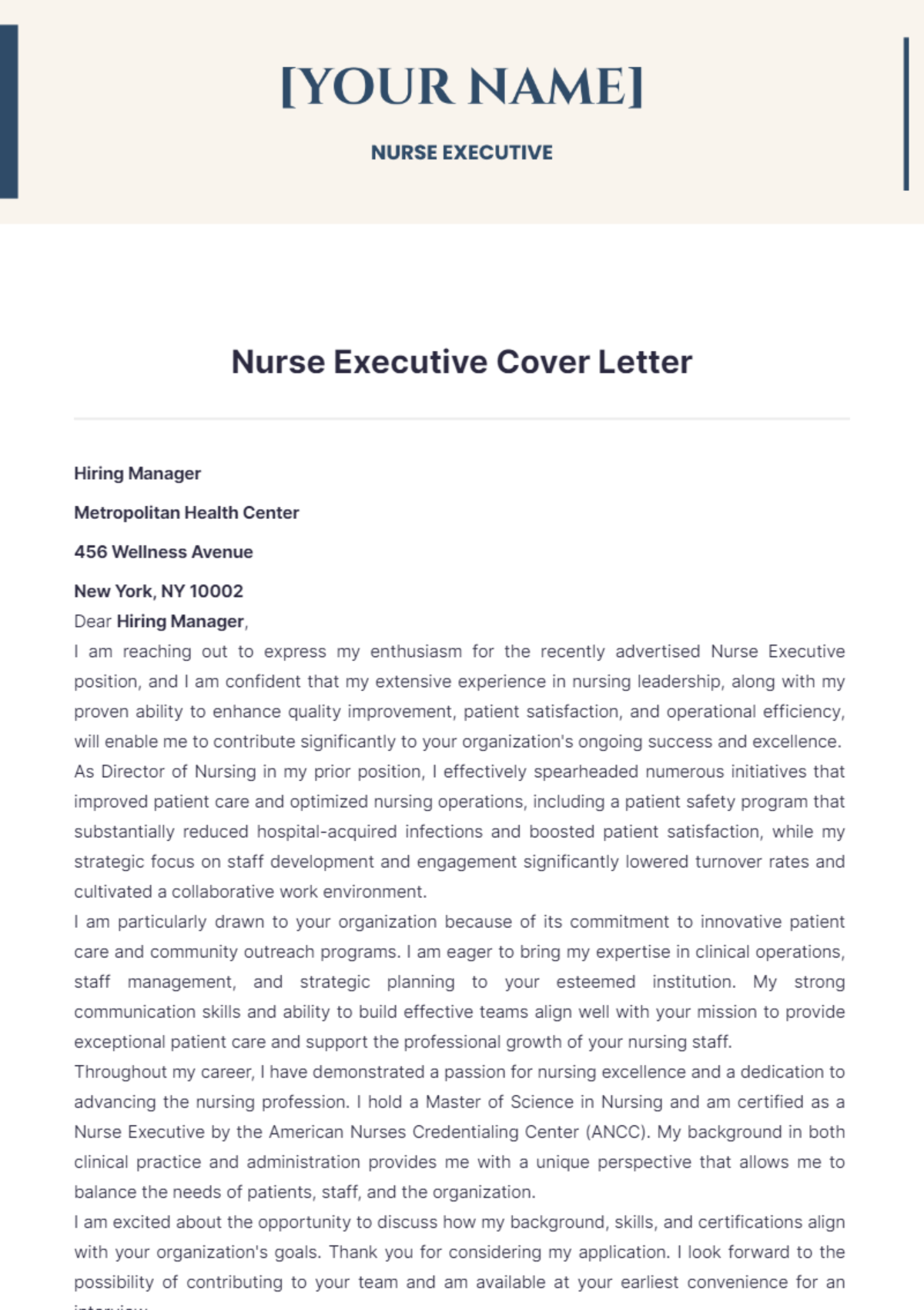 Nurse Executive Cover Letter - Edit Online & Download