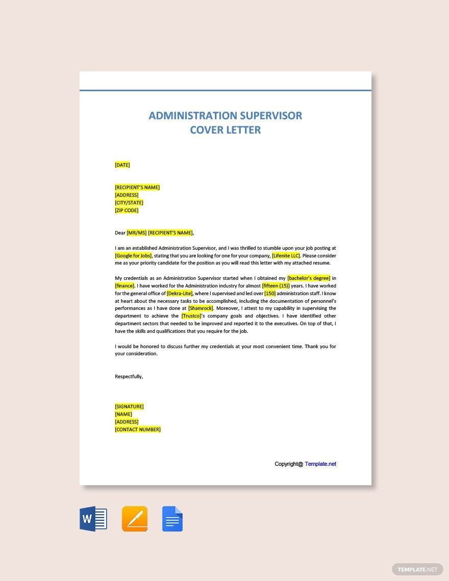 Administration Supervisor Cover Letter Template