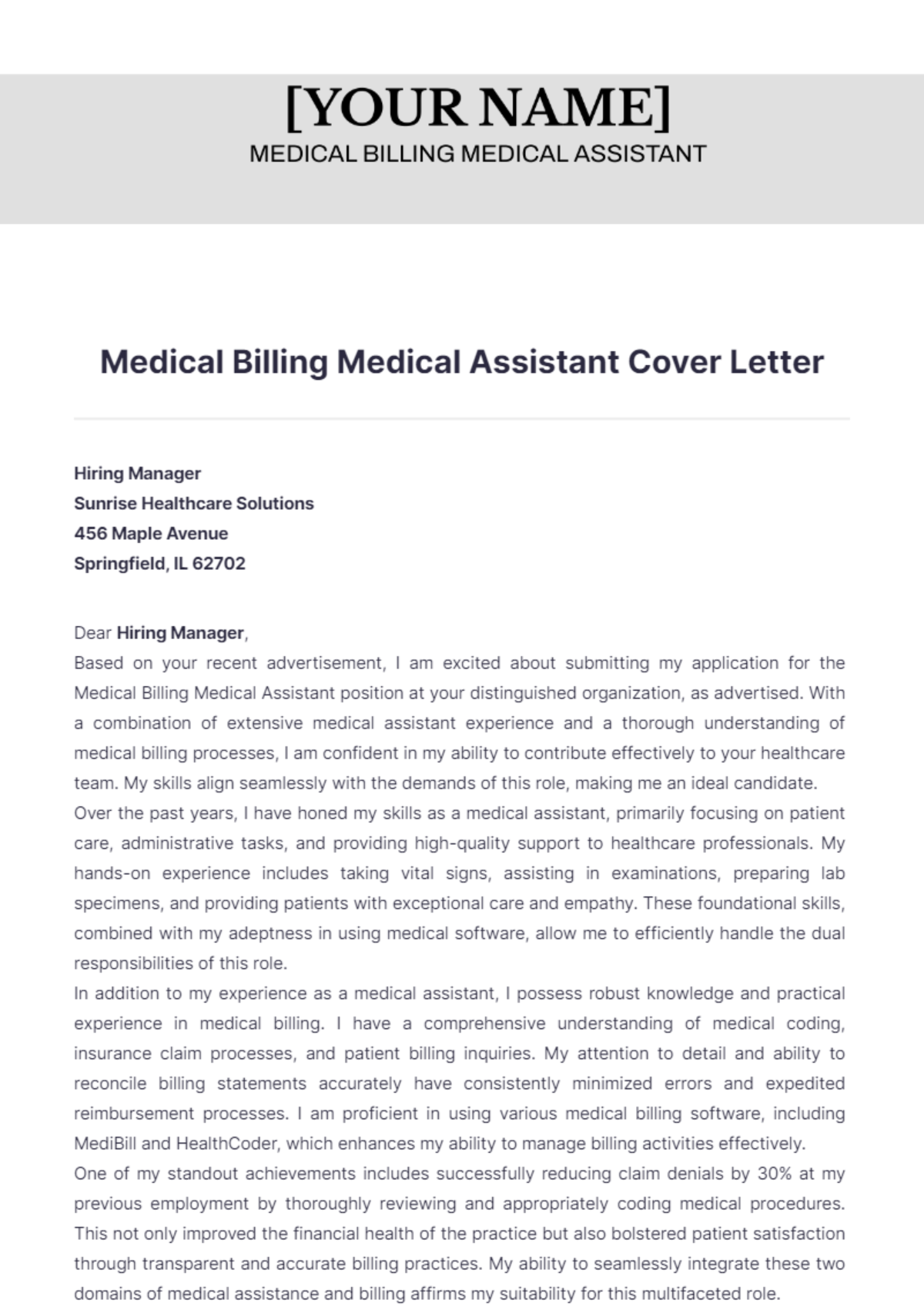 Medical Billing Medical Assistant Cover Letter - Edit Online & Download