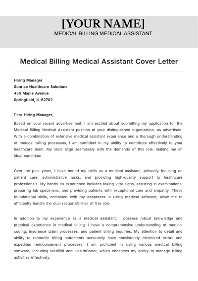 Free Medical Billing Medical Assistant Cover Letter to Edit Online