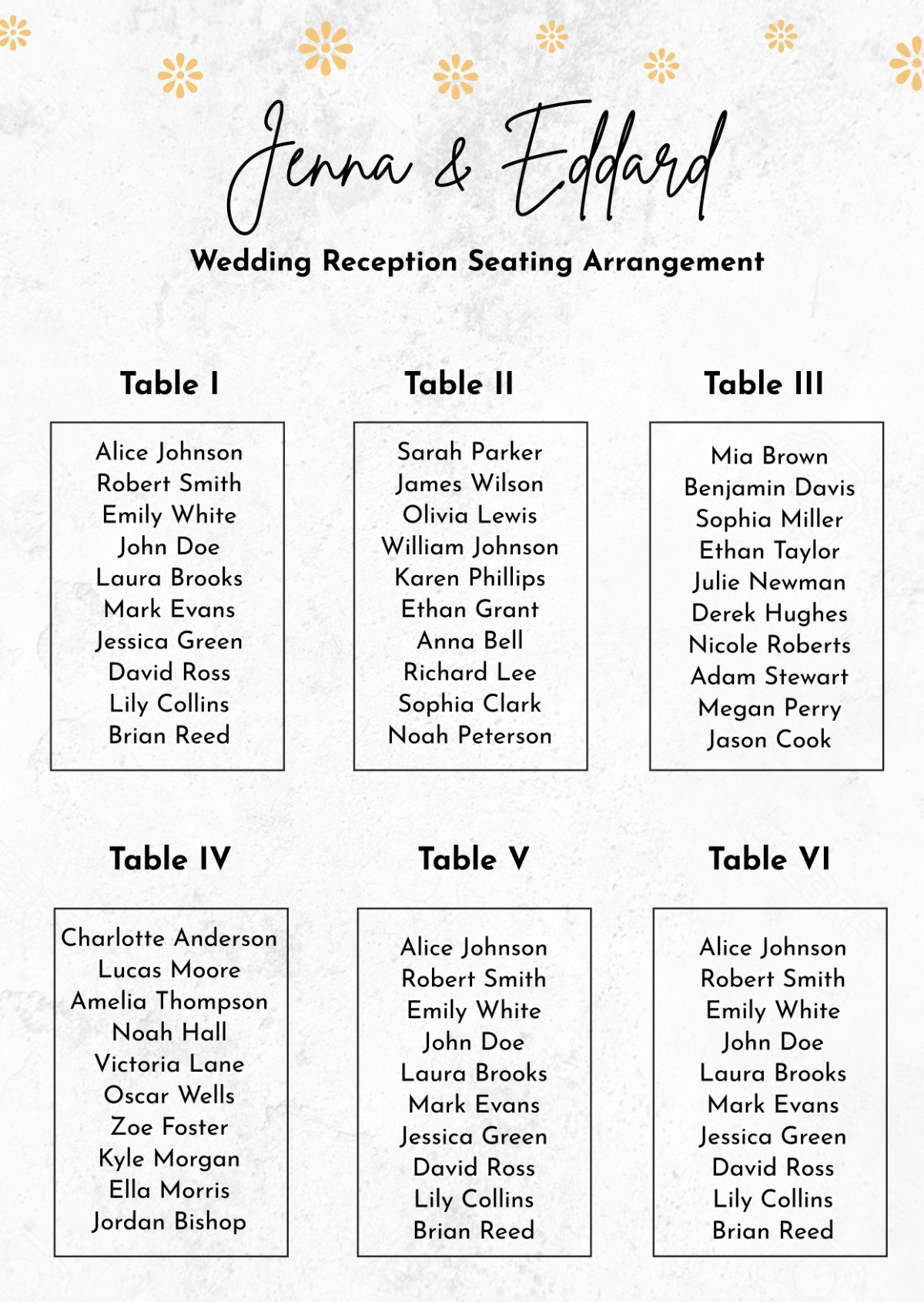 Roman Numeral Seating Chart
