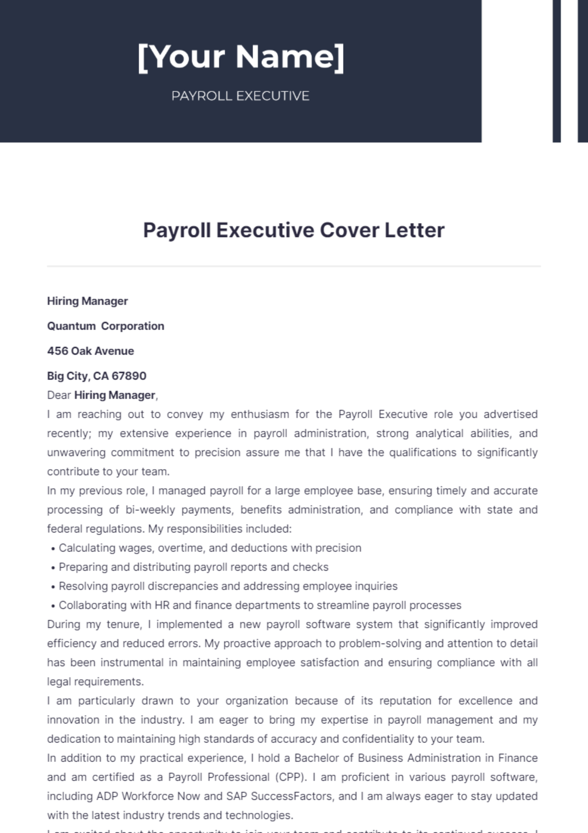 Payroll Executive Cover Letter - Edit Online & Download